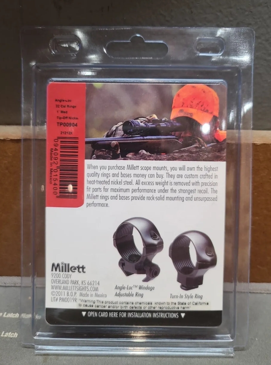 MILLETT 1" 22 Groove Angle- Scope Rings Adjustable STEEL SILVER Medium #TP00904