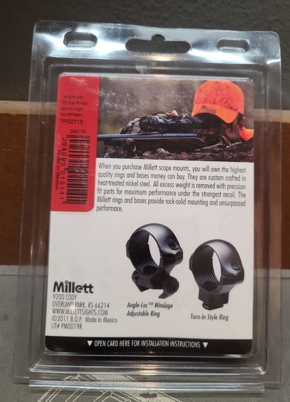 MILLETT STEEL Scope Rings .22 Angle-Loc Adjustable 30MM HIGH Matte Black #TP00715