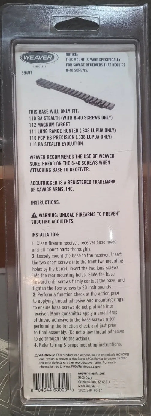NEW Weaver Base Extend Multi-Slot Savage 110 Long Action 20MOA Matte 99497 PICATINNY