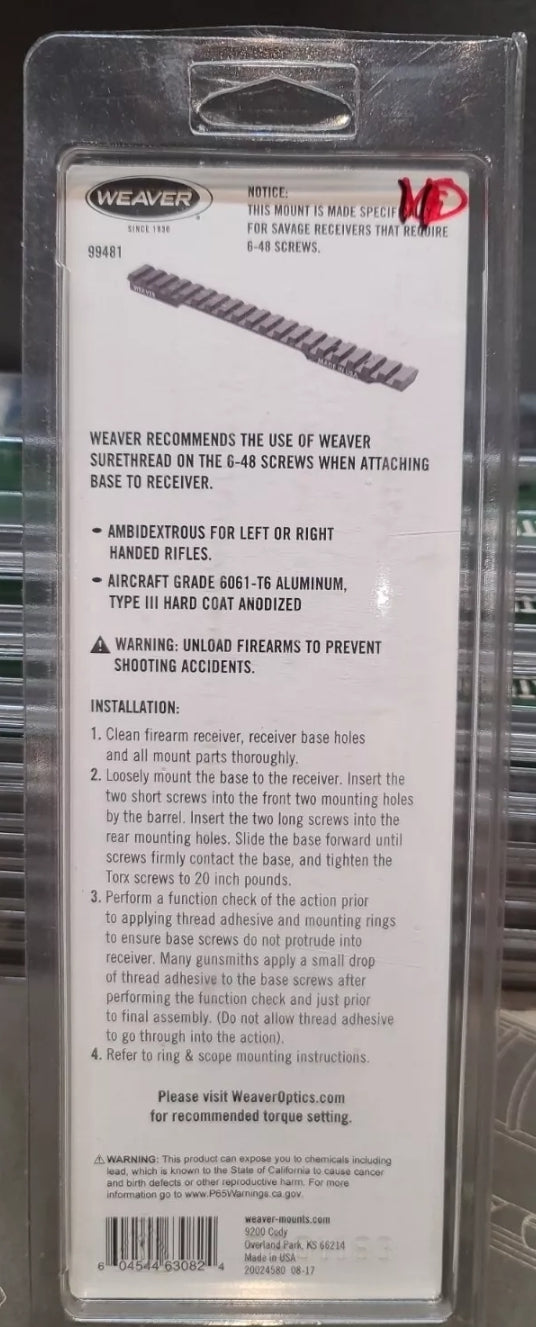 Weaver Tactical Extended Multi-Slot 1 Piece Base Winchester 70 Short Action Black 99481