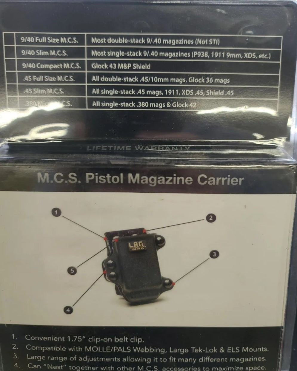L.A.G. Tact Universal SINGLE Stack Mag HOLDER 380 ACP AUTO Kydex Ambi 02599