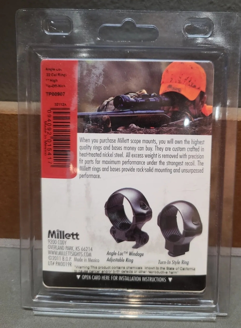 MILLETT 1" Rimfire Angle-Loc Scope Rings Windage Adjustable Steel High Nickel #TP00907