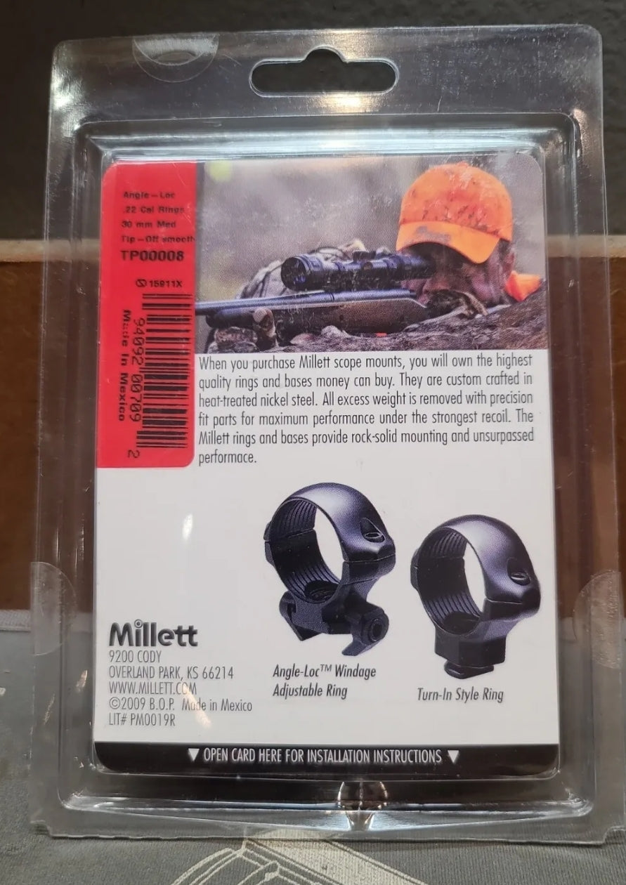 MILLETT .22 Caliber STEEL Scope Rings Angle Loc 30MM Medium Tip Off TP00008